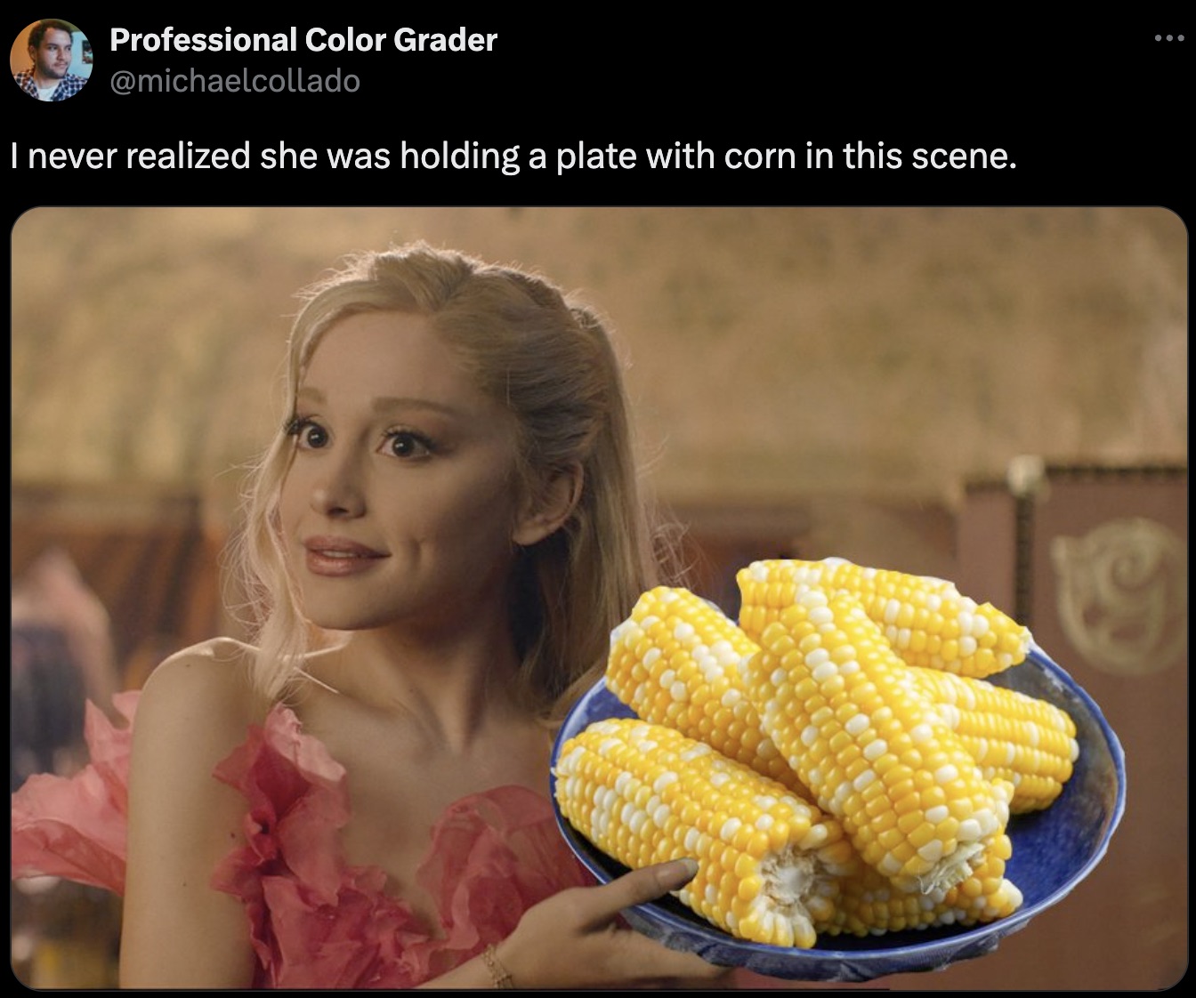 galinda ariana - Professional Color Grader I never realized she was holding a plate with corn in this scene.